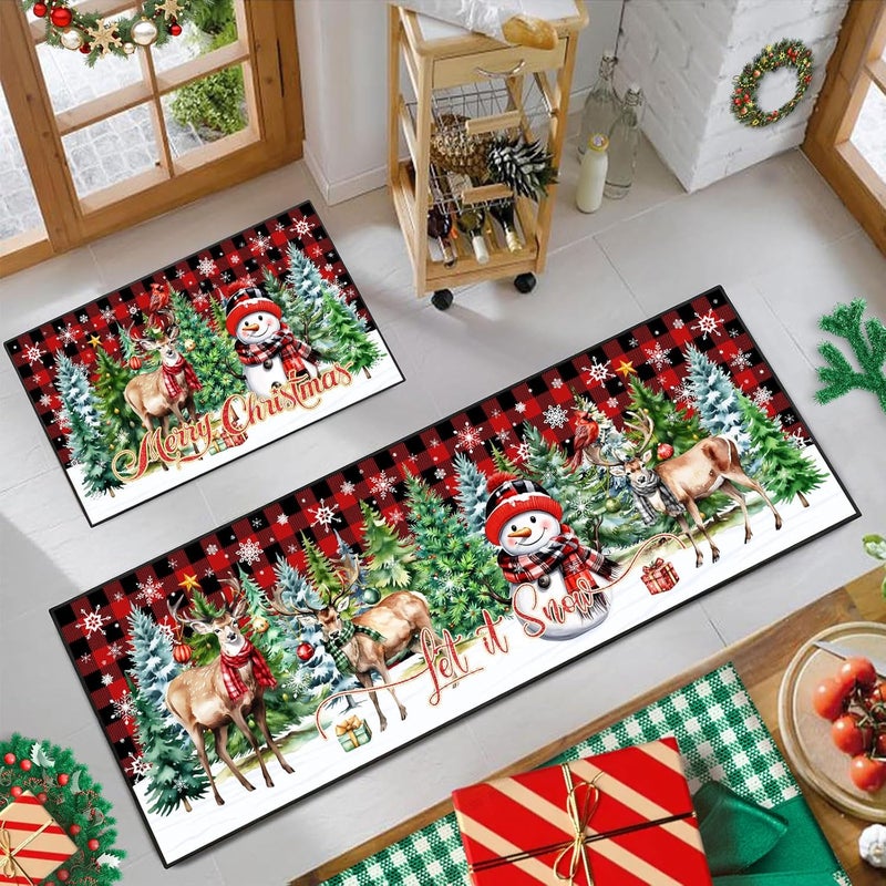 UYDOXCU Merry Christmas Kitchen Rugs and Mats Set of 2, Buffalo Plaid Winter Xmas Holiday Home Kitchen Decor Floor Mats, Washable Non-Slip Sink Carpet (Christmas 2, 17"x47"+17"x30") - Image 4